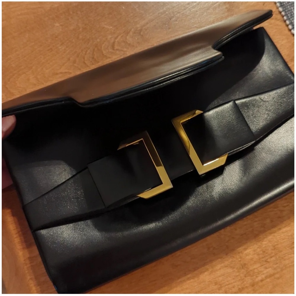 Rodo Black Leather Clutch with Gold Buckles